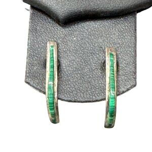 14K White Gold & Malachite Inlay Half Hoop Earrings Women Lightweight Elegant 1"